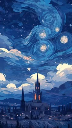 the night sky is full of stars and clouds, with a church in the foreground