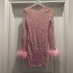 Brand New Mini Dress. Beautiful Color! Sequins With Fur Trim On Sleeves. Never Worn. Pink Long Sleeve Sequin Dress For Spring, Pink Fitted Long Sleeve Sequin Dress, Womens Rainbow Dress, Pink Sequin Dress, Rainbow Dress, Fashion Nova Dress, Insta Fits, Sequin Mini, Pink Sequin