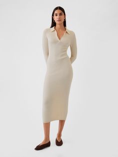 Supersoft cotton-blend ribbed knit midi polo sweater dress.  Polo collar.  Long sleeves.  Fit: Slim.  A slim silhouette that fits close to the body.  Hits below the knee.  Models wearing Gap Plush Yarn, Sweater Dress Outfit, First Communion Dresses, Everyday Luxury, Communion Dresses, Shirt Sweater, Dreamy Dress, Polo Sweater, Ribbed Dresses