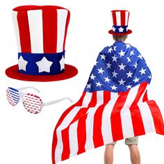 PRICES MAY VARY. 💗[American Flag Set]:Independence Day set includes a Uncle Sam top hat, an American flag cape and a pair of flag glasses. A great costume accessory to instantly add to your Independence Day parties and events! 🤍[Best Choice for Gift]:Independence Day Cape Set is a gorgeous combination of red, blue, and white classic colors that will complement any outfit. Can be used as a lovely gift for family, friends and family on Independence Day, share fashion and express patriotism! 💙[H Uncle Sam Hat, Independence Day Theme, Patriotic Accessories, Cape Set, Cape Costume, Uncle Sam, Cosplay Props, Mens Costumes, Theme Design