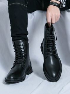 Fashionable Men High Top Boots, Comfy Anti-Slip Lace-Up Solid Color, Expertly Crafted Black         Men Shoes, size features are:Bust: ,Length: ,Sleeve Length: Men's British Style, Emo Style, Comfy Boots, Fashionable Men, Pu Boots, Comfy Boot, High Top Boots, Emo Fashion, Leather Riding Boots