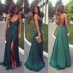 sexy v neck long prom dresses,side slit evening party dress,green backless formal dresses Dark Green Prom Dresses, Prom Dresses Under 100, Prom 2020, Elegant Prom, Backless Prom Dresses, Green Prom Dress, Satin Prom Dress, Dress Spaghetti