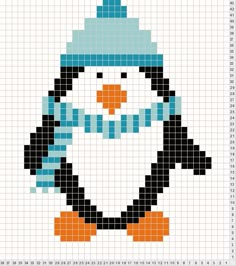 a cross stitch penguin with a blue hat and scarf