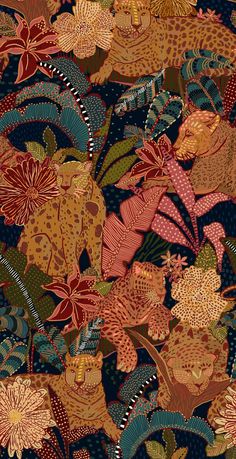 an animal and flowers pattern is shown on a dark blue background with red, green, orange