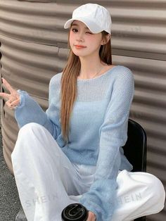 Style:Casual \nType:Pullovers \nNeckline:Round Neck \nSleeve Type:Drop Shoulder \nColor:Blue \nPattern Type:Plain \nSleeve Length:Long Sleeve \nLength:Regular \nTemperature:Spring/Fall (18-25℃/63-77℉) \nFit Type:Loose \nFabric:Medium Stretch \nMaterial:Knitwear \nComposition:100% Acrylic \nCare Instructions:Machine wash or professional dry clean \nSheer:No \n Batwing Sleeve Sweater, Women Sweaters, Batwing Sleeve, Bat Wings, Spring And Fall, Sleeve Sweater, Drop Shoulder, Style Casual, Knitwear