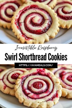 strawberry shortbread cookies on a plate with the words irresistible raspberry swirl shortbread cookies