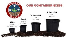 four black pots with dirt and soil in front of the words, our container sizes