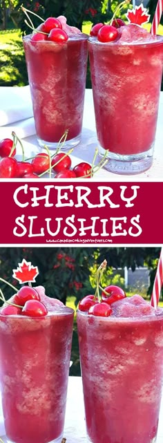 cherry slushies with cherries and candy canes on the rim in glasses