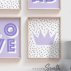 three purple and white wall hangings with the words love, dad, son and daughter