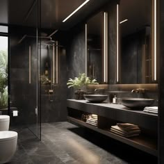 a modern bathroom with two sinks and mirrors