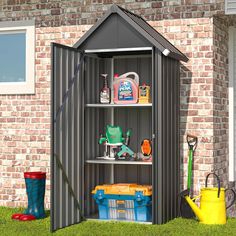 an outdoor storage shed with tools in it