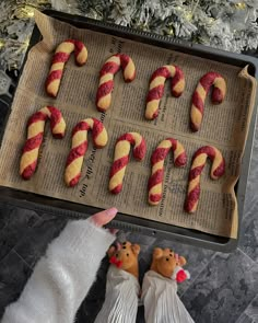 a person holding a tray with candy canes on it