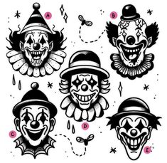 four clowns with different facial expressions and hats on their heads, all in black and white