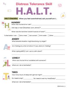 HALT 2-page printable DBT worksheets. Although this is not an official DBT skill, this worksheet can be used to support students in recognizing underlying factors that might be contributing to some or all of their overwhelming emotions or self-harming behaviors. It encourages students to ask themsel... Impulsivity Worksheets For Adults, Dbt For Elementary School, Self Regulation Worksheets, Dbt For Kids, Dbt Skills Worksheets Free Printable, Emotion Sheet, Self Love Worksheet, Coping Skills Worksheet, Therapy Sheets