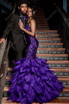 Purple Hoco Dresses Black Women, Purple Prom Dress Black Couple, Prom Picture Poses Black Women, Purple And Black Prom Couple, Dark Purple Prom Couple, Black And Purple Prom Dress, Purple Prom Couple, Royal Purple Prom Dress