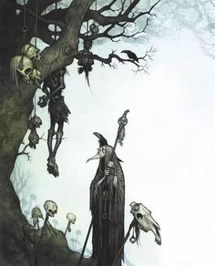 a drawing of a man standing in front of a tree with skulls hanging from it