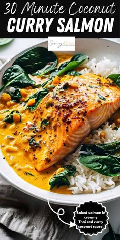 salmon with rice and spinach in a white bowl