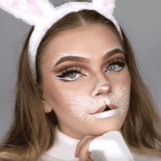 Diy Rabbit Ears Costume, White Rabbit Face Makeup, Bunny Rabbit Makeup, Bugs Bunny Makeup, Rabbit Costume Makeup, Bunny Makeup Tutorial, Diy Bunny Costume Women, Rabbit Makeup Halloween, Bunny Costume Makeup