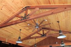 a wooden ceiling with several lights hanging from it