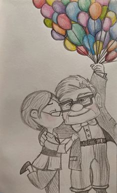 a pencil drawing of two people holding balloons