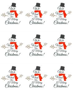 six christmas stickers with red ribbon and top hats on them, all in different designs