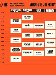 an orange and white poster with the names of different bands