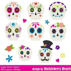 a bunch of sugar skulls with different colors and designs on the faces, all decorated in various