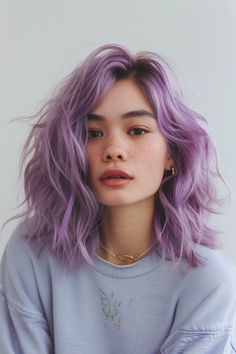 Lavender Shag Hair, Lilac Pink Hair, Brown And Lavender Hair, Light Purple Short Hair, Partly Dyed Hair, Purple Hair Outfit What To Wear With, Cool Hair Color Ideas For Short Hair, Light Lavender Hair, Warm Purple Hair