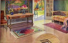 a drawing of a living room filled with furniture