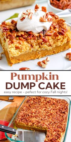 a slice from a pan of pumpkin dump cake on a plate Dump Cakes Recipes, Easy Pumpkin Dump Cake, Fall Desserts Pumpkin, Pumpkin Dump Cake Recipe, Pumpkin Dump, Dump And Bake, Dessert Squares, Baked Dessert, Dump Cake Pumpkin