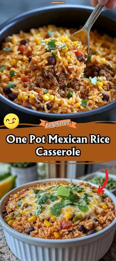 one pot mexican rice casserole is shown with a spoon in it