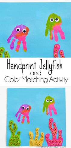 handprint jellyfish and color matching activity for kids to do with the ocean animals