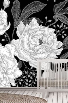 A black and white floral wallpaper with large peony flowers on the wall of a baby nursery behind a crib. Emily Aesthetic, Large Print Wallpaper, Pencil Drawing Inspiration, Floral Bar