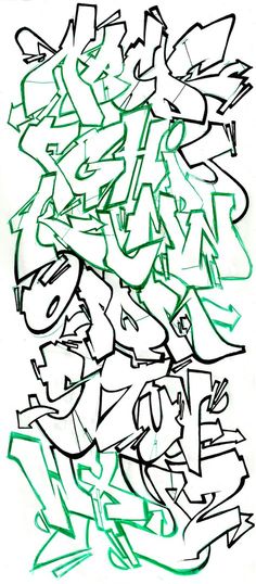 a drawing of graffiti on a white wall with green spray paint and black outlines