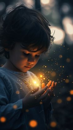 a young boy holding a glowing light in his hands with blurry lights around him