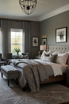 a bedroom with a bed, chair and ottoman in front of two windows that have curtains on them