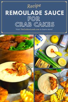 the recipe for homemade sauce for crab cakes is shown in three different pictures, including lemons and corn