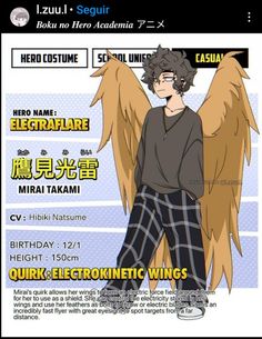 an anime character with wings on his chest and the words hero name, electric wings