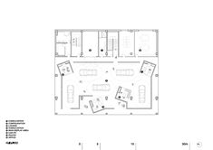 the floor plan for an office with two couches and three tables, in white