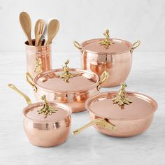 copper pots and pans with wooden spoons in them