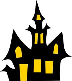 a black and yellow castle with two towers on it's roof is lit up at night