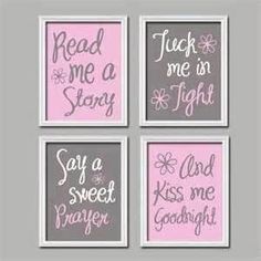 four pink and gray wall art prints with flowers on them, each saying read me in story