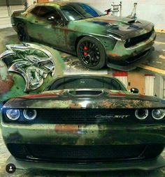 two cars with rusted paint on them, one is green and the other is black