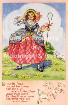 an image of a woman in a dress and hat holding a stick with the words little do - peep, i can't tell them