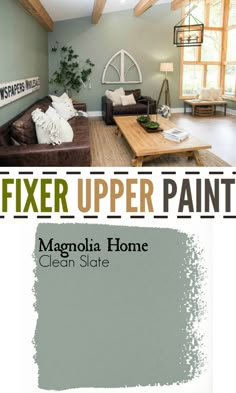 a living room with gray walls and white furniture in the center is an advertisement for fixer upper paint