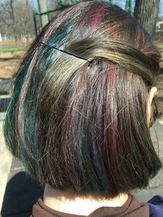 Oil Slick Hair                                                                                                                                                      More Crazy Hair Colour Ideas, Oil Spill Hair Color, Dye On Brown Hair, Interesting Hair Color, Halloween Makeup Eyeshadow, Oil Spill Hair, Makeup Eyeshadow Ideas, Oil Slick Hair Color, Eyeshadow Makeup Ideas