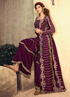 Dark Green And Red Embroidered Peplum Style Gharara Suit - Hatkay – Hatkay.com Bollywood Style Dress, Suits Punjabi, Punjabi Salwar, Fashion Purple, Designer Anarkali Suits, Lehenga Suit, Silk Crop Top, Kameez Designs, Miroslava Duma