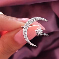 Adjustable Ring. Cz And Silver Alloy Celestial Style Silver Crystal Ring, Celestial Silver Crystal Ring, Moon And Star Ring, Simulated Diamond Rings, Adjustable Jewelry, Moon Ring, Silver Jewelry Rings, Silver Moon, Star Ring