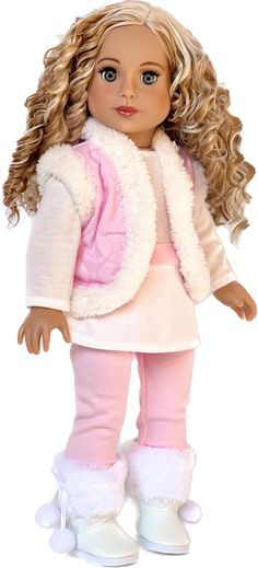 a doll with blonde hair wearing pink pants and white jacket, standing in front of a white background