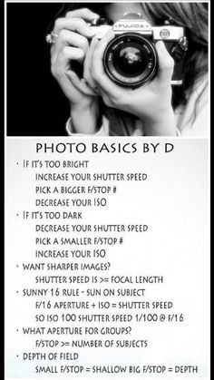 a woman holding a camera up to her face with the words photo basics by d above it